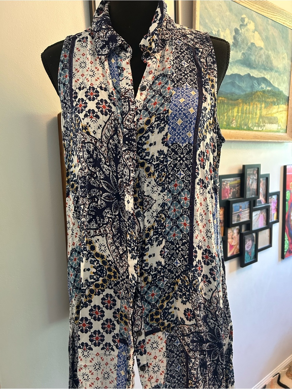 Cupio Navy, White & Teal Sleeveless Patchwork dress- large